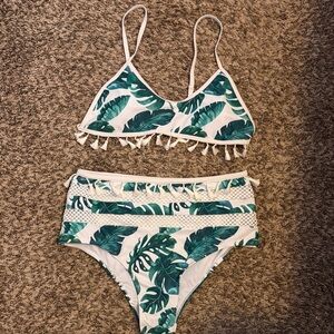 New Leaf Print Bikini Set with Tassels